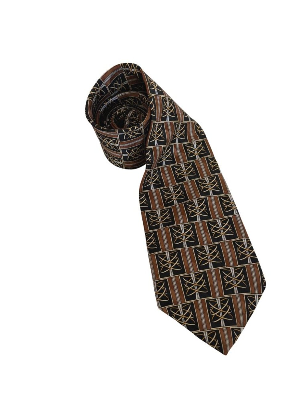 John Blair Silk Tie Brown Black Geometric Mens Tie Vintage Office Formal Gift
